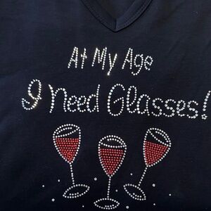Black T-Shirt with Rhinestone Wine Glasses Design